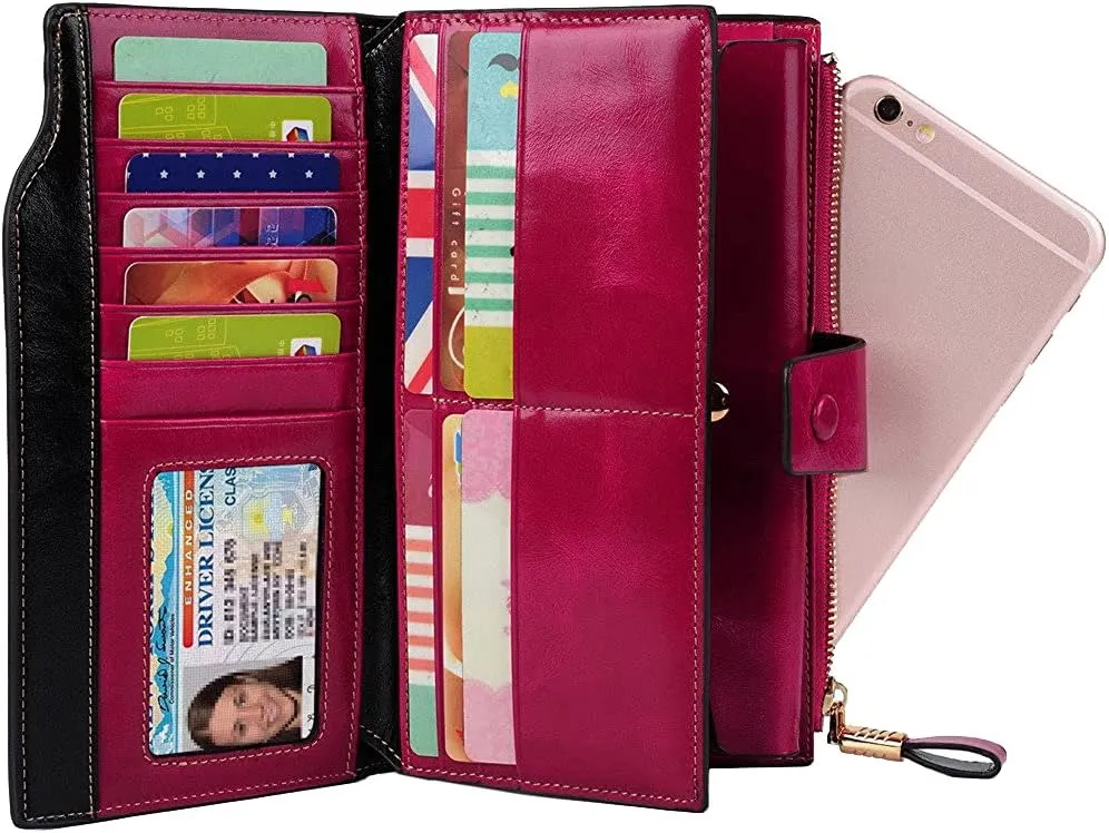Women's RFID Blocking Wallet, Large Capacity Leather Bifold, 21 Card Slots, Snap Closure, Fits Phone, Card Holder