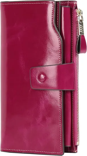Women's RFID Blocking Wallet, Large Capacity Leather Bifold, 21 Card Slots, Snap Closure, Fits Phone, Card Holder