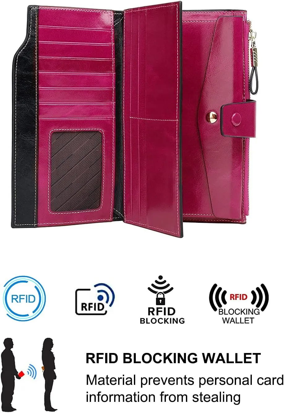 Women's RFID Blocking Wallet, Large Capacity Leather Bifold, 21 Card Slots, Snap Closure, Fits Phone, Card Holder