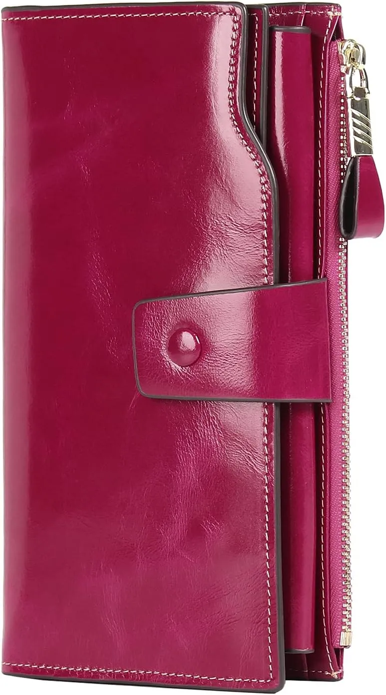 Women's RFID Blocking Wallet, Large Capacity Leather Bifold, 21 Card Slots, Snap Closure, Fits Phone, Card Holder