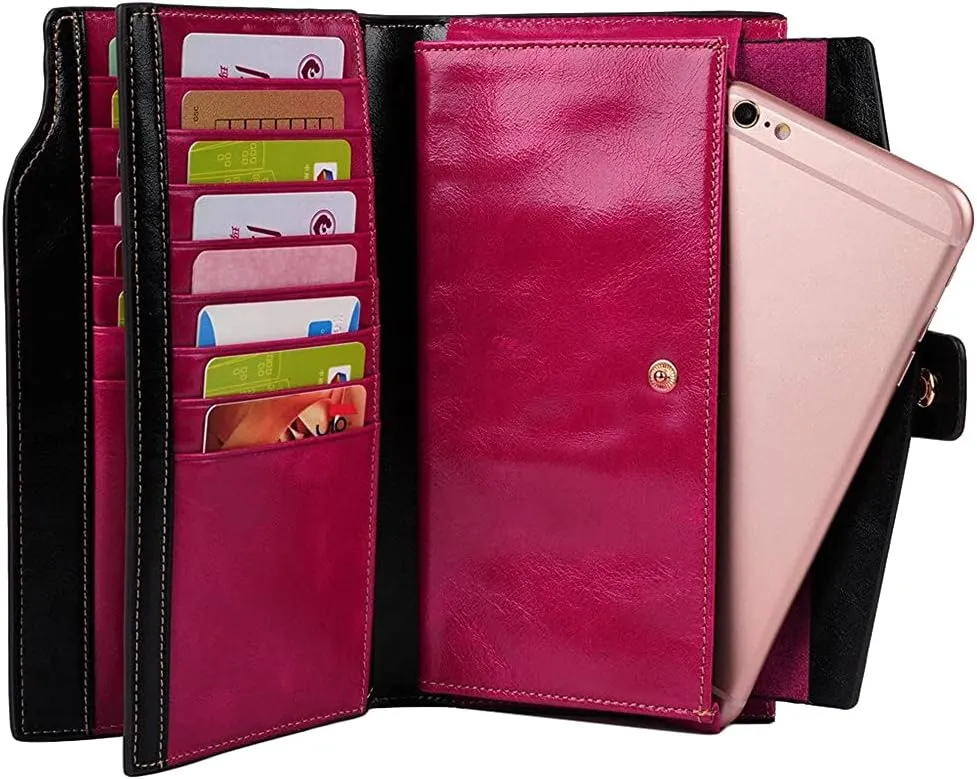 Women's RFID Blocking Wallet, Large Capacity Leather Bifold, 21 Card Slots, Snap Closure, Fits Phone, Card Holder