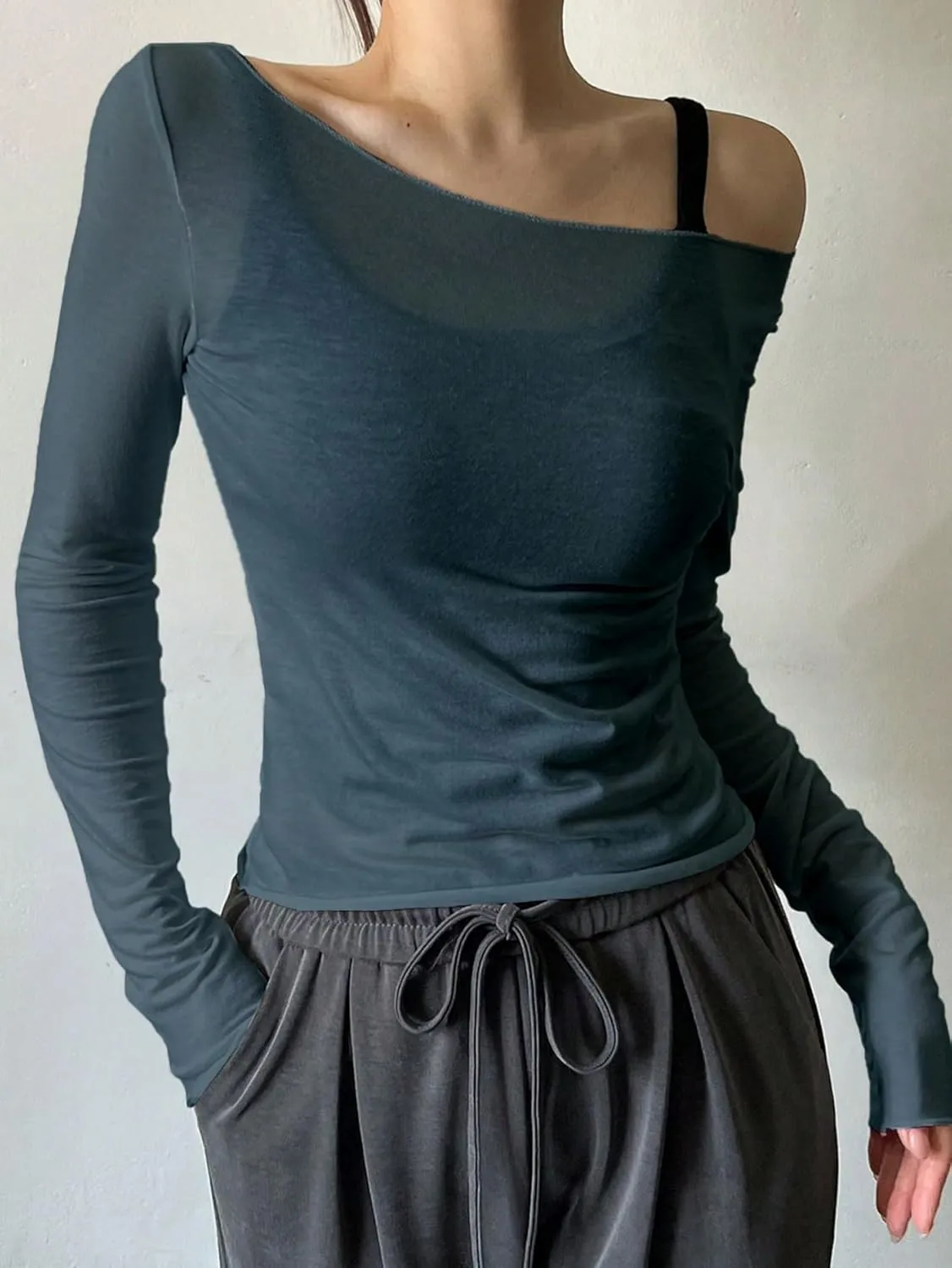 Women's Sheer Mesh Off The Shoulder Tops Long Sleeve See Through Shirts Going Out Party Club Outfits
