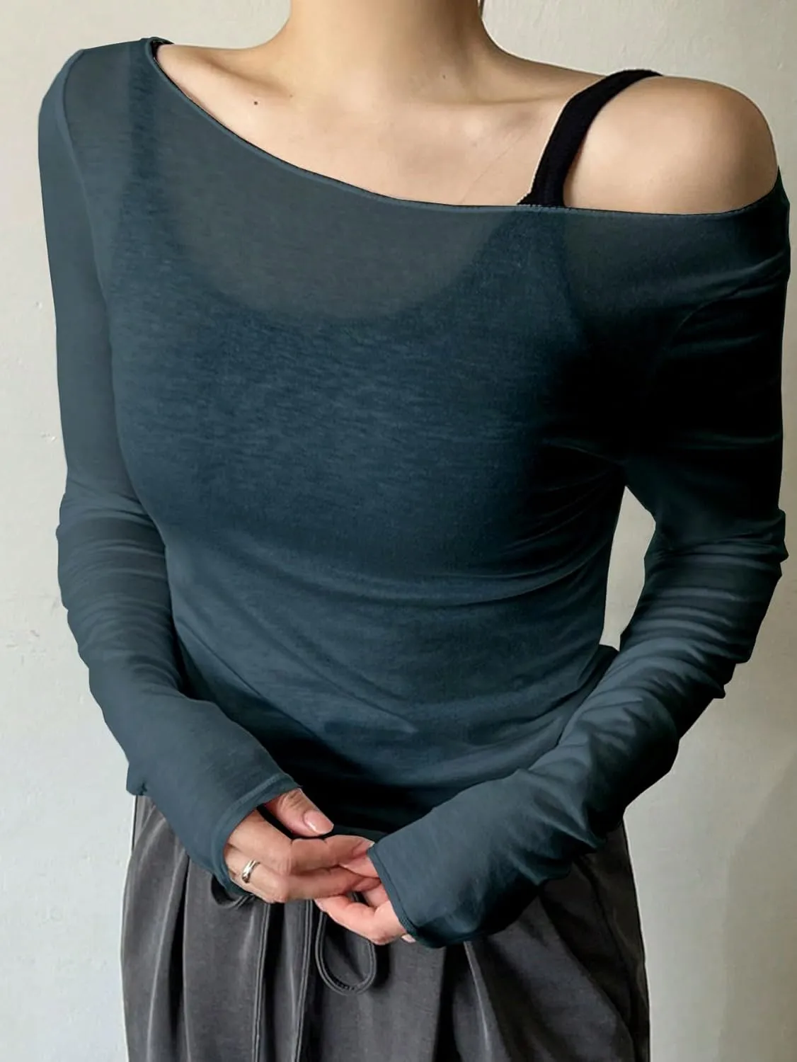 Women's Sheer Mesh Off The Shoulder Tops Long Sleeve See Through Shirts Going Out Party Club Outfits
