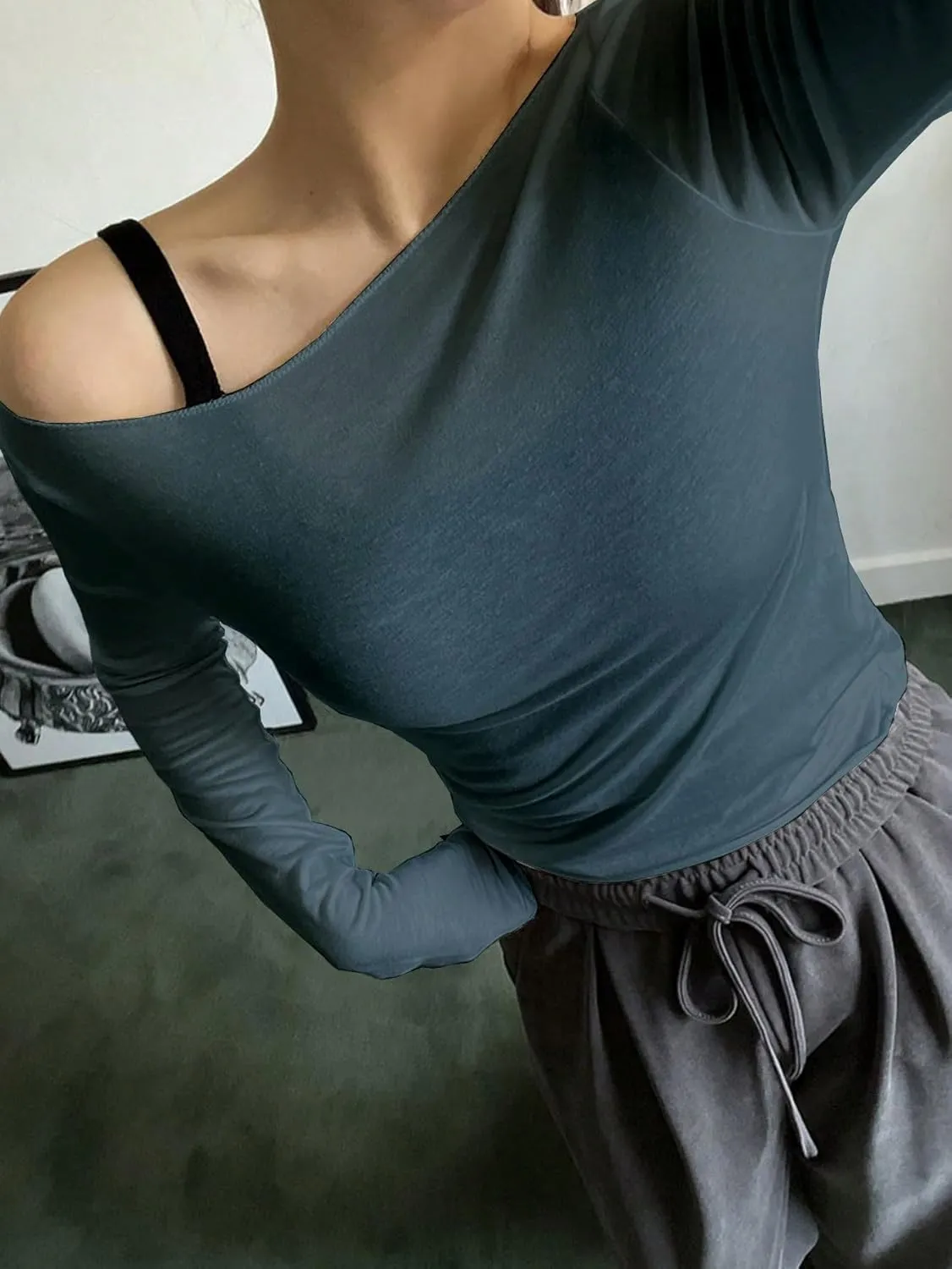 Women's Sheer Mesh Off The Shoulder Tops Long Sleeve See Through Shirts Going Out Party Club Outfits