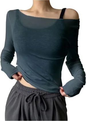 Women's Sheer Mesh Off The Shoulder Tops Long Sleeve See Through Shirts Going Out Party Club Outfits