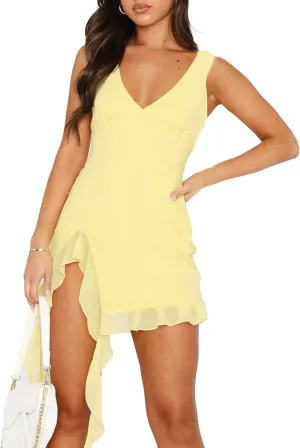 Women's Summer Bodycon Dresses Sexy V Neck Backless Y2K Slit Ruffle Trim Fringe Cocktail Party Mini Mesh Tank Dress