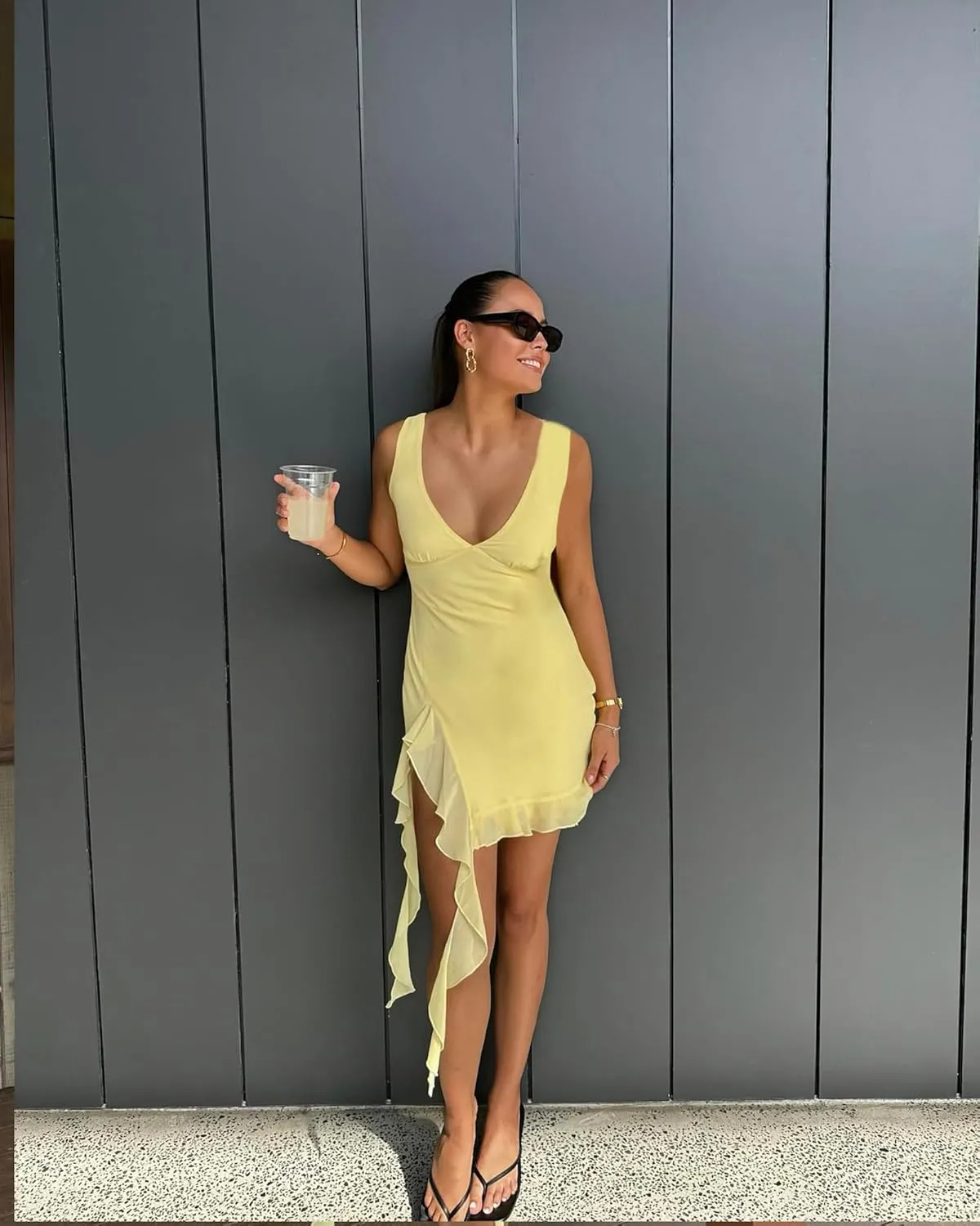 Women's Summer Bodycon Dresses Sexy V Neck Backless Y2K Slit Ruffle Trim Fringe Cocktail Party Mini Mesh Tank Dress