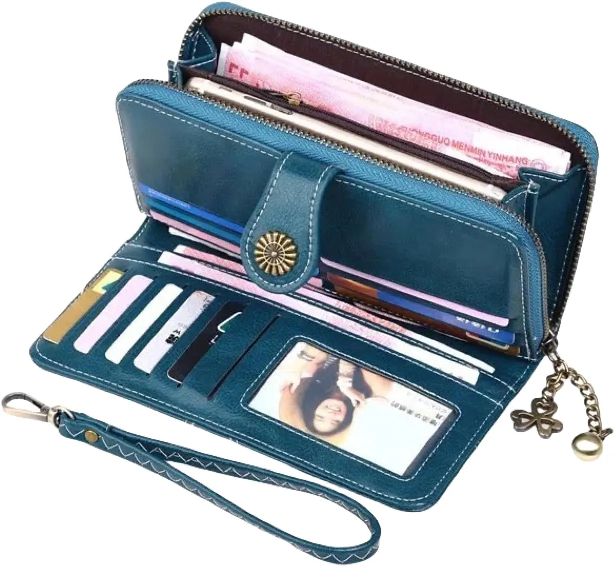 Women's tri-fold coin purse, mobile phone bag, long zipper, oily leather handbag, fashion card holder