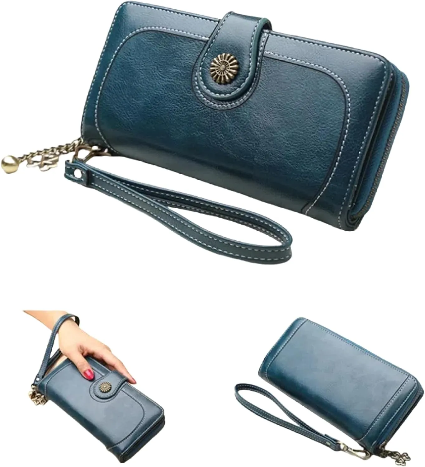 Women's tri-fold coin purse, mobile phone bag, long zipper, oily leather handbag, fashion card holder