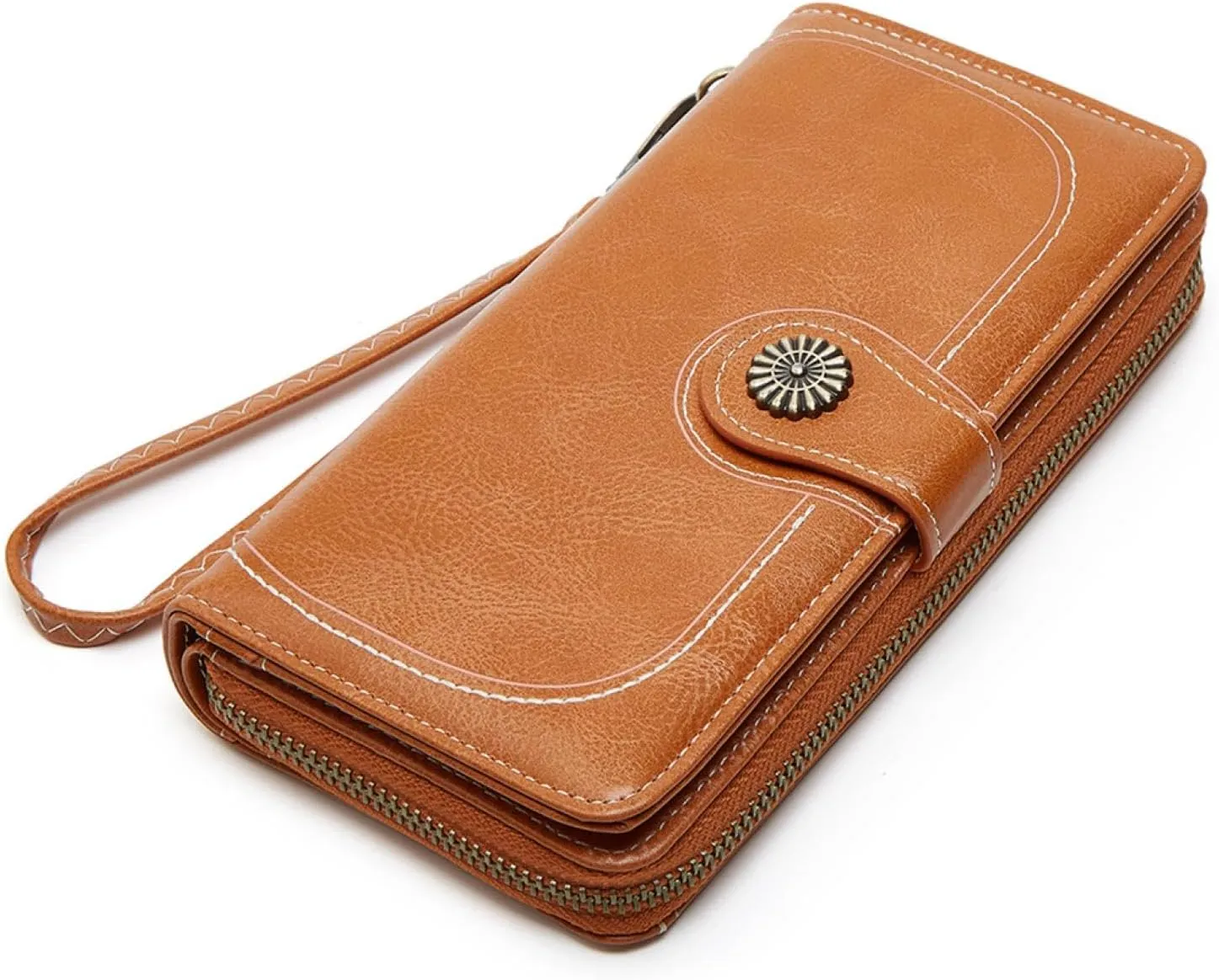 Women's tri-fold coin purse, mobile phone bag, long zipper, oily leather handbag, fashion card holder