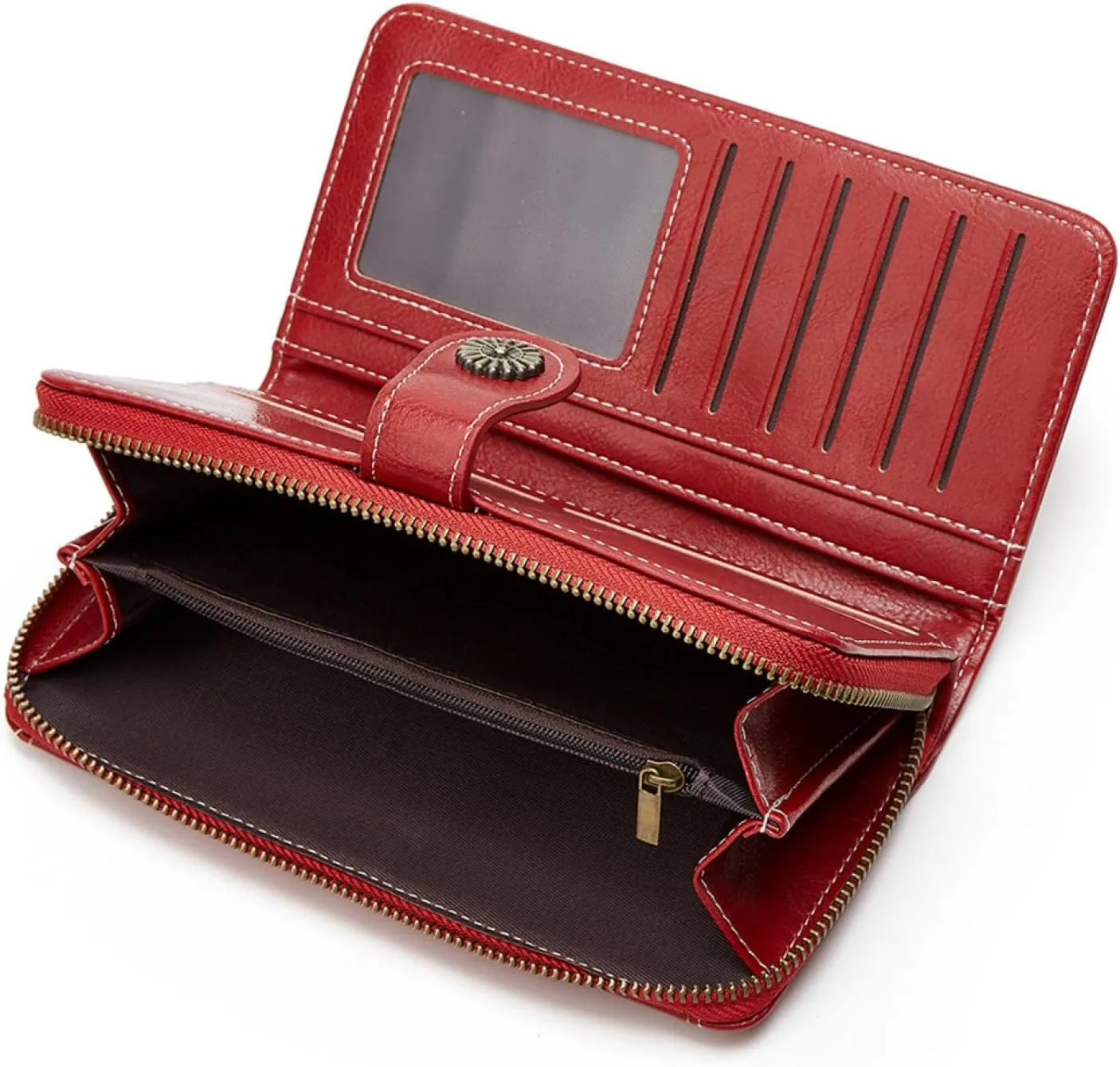 Women's tri-fold coin purse, mobile phone bag, long zipper, oily leather handbag, fashion card holder