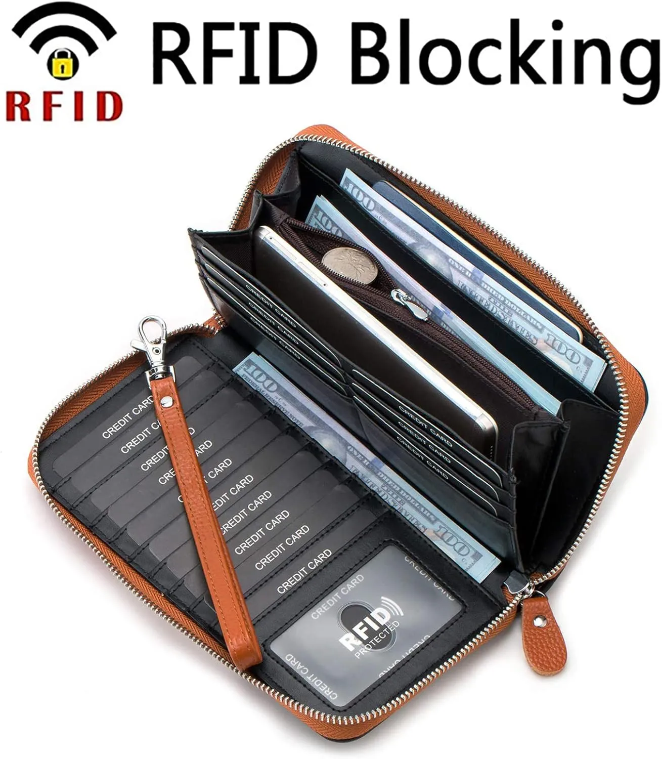 Womens Wallet RFID Blocking Genuine Leather Multi Credit Card Large Capacity Zip Around Clutch Travel Purse Wristlet