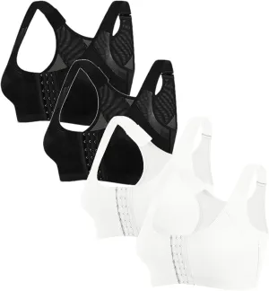 Womens Wireless Sports Bras 4PC Front Hook Comfortable with Wide Straps and Sheer Mesh Training Fitness Bralette 2025