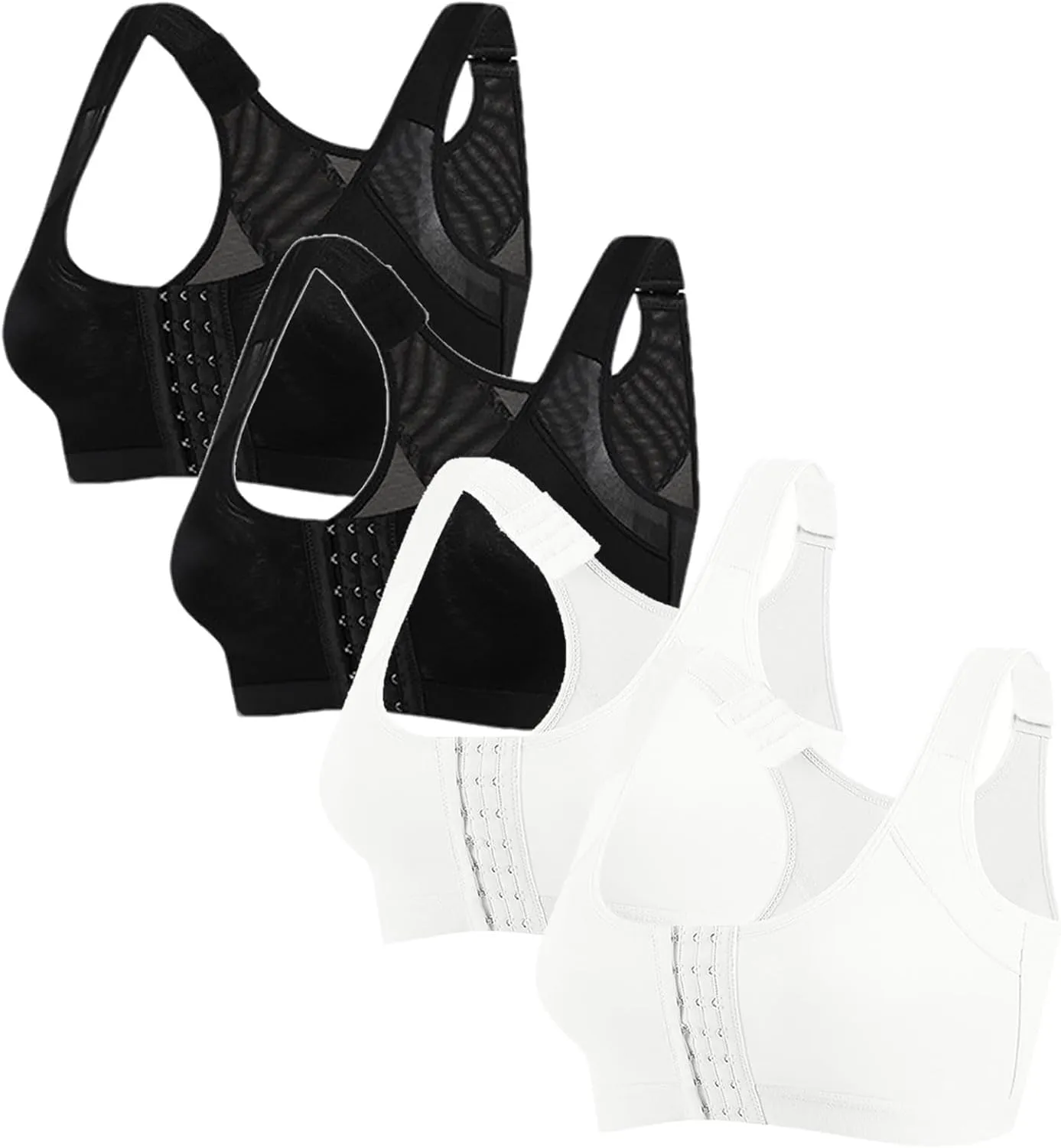 Womens Wireless Sports Bras 4PC Front Hook Comfortable with Wide Straps and Sheer Mesh Training Fitness Bralette 2025