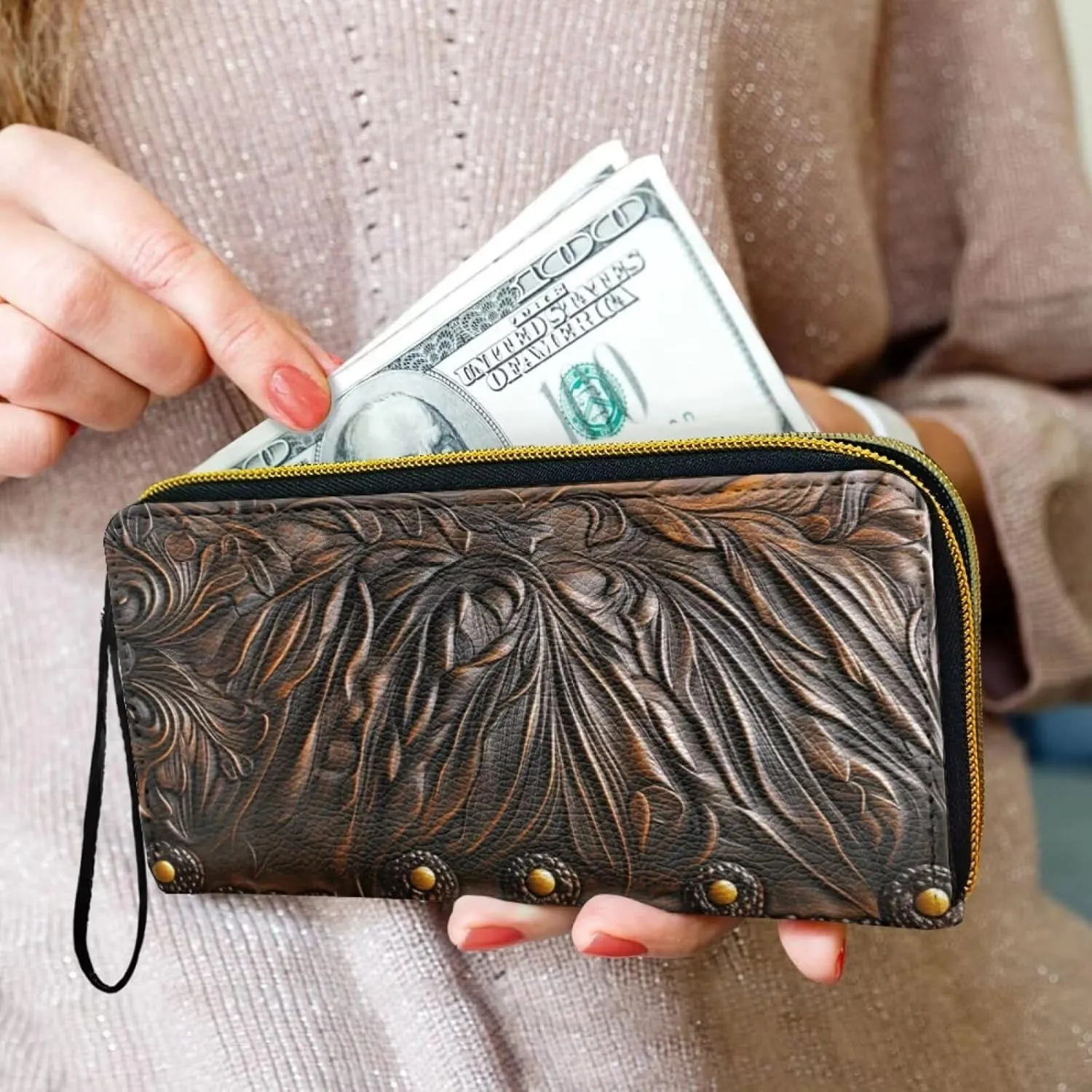 Women's Wristlet Wallet Sunflower Print Handbags Clutch Purse Zipper Wallet for Women Lady, Casual Leather Handbag Bifold Purse Long Clutch Pouch for Work Shopping, Bronze