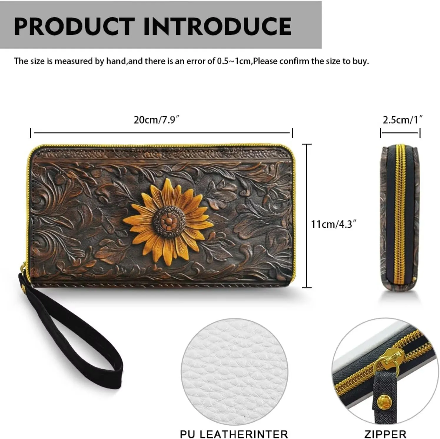 Women's Wristlet Wallet Sunflower Print Handbags Clutch Purse Zipper Wallet for Women Lady, Casual Leather Handbag Bifold Purse Long Clutch Pouch for Work Shopping, Bronze