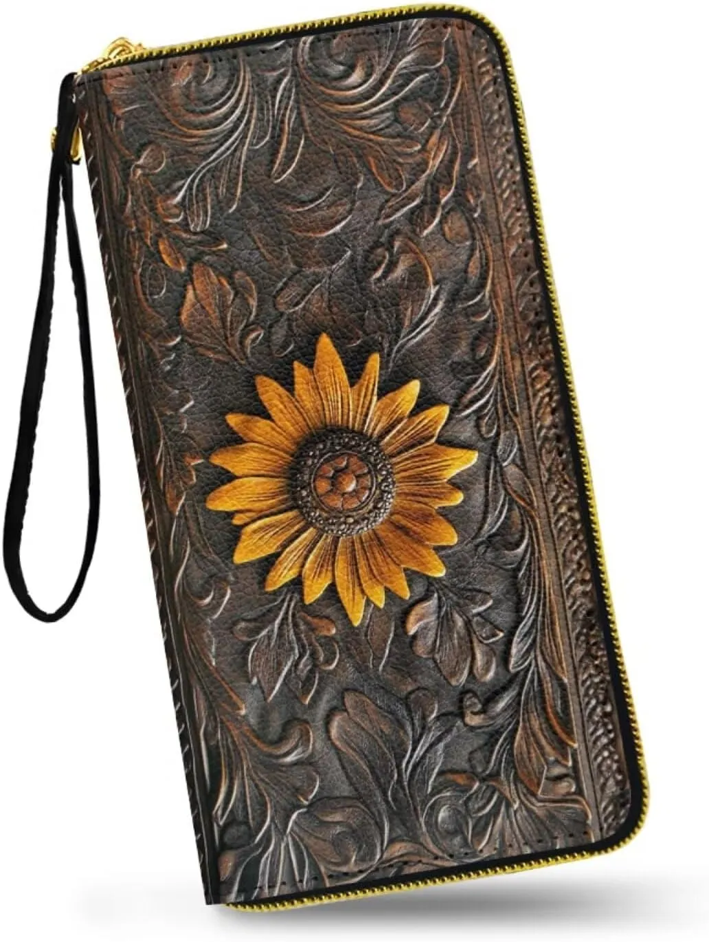 Women's Wristlet Wallet Sunflower Print Handbags Clutch Purse Zipper Wallet for Women Lady, Casual Leather Handbag Bifold Purse Long Clutch Pouch for Work Shopping, Bronze