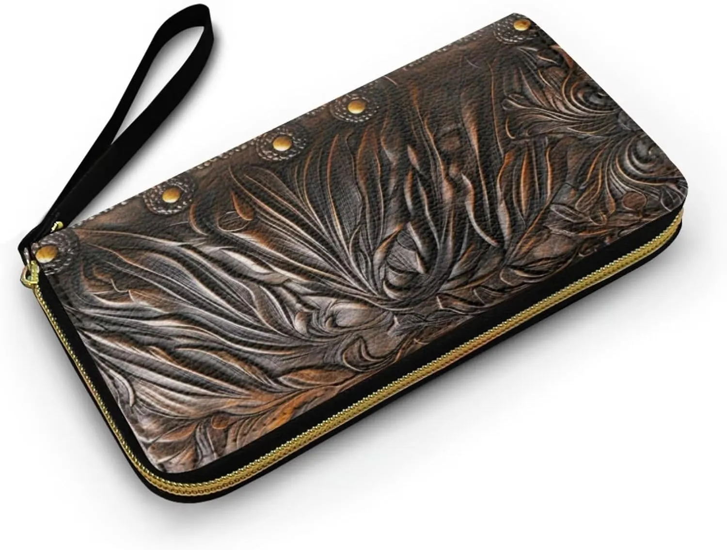 Women's Wristlet Wallet Sunflower Print Handbags Clutch Purse Zipper Wallet for Women Lady, Casual Leather Handbag Bifold Purse Long Clutch Pouch for Work Shopping, Bronze