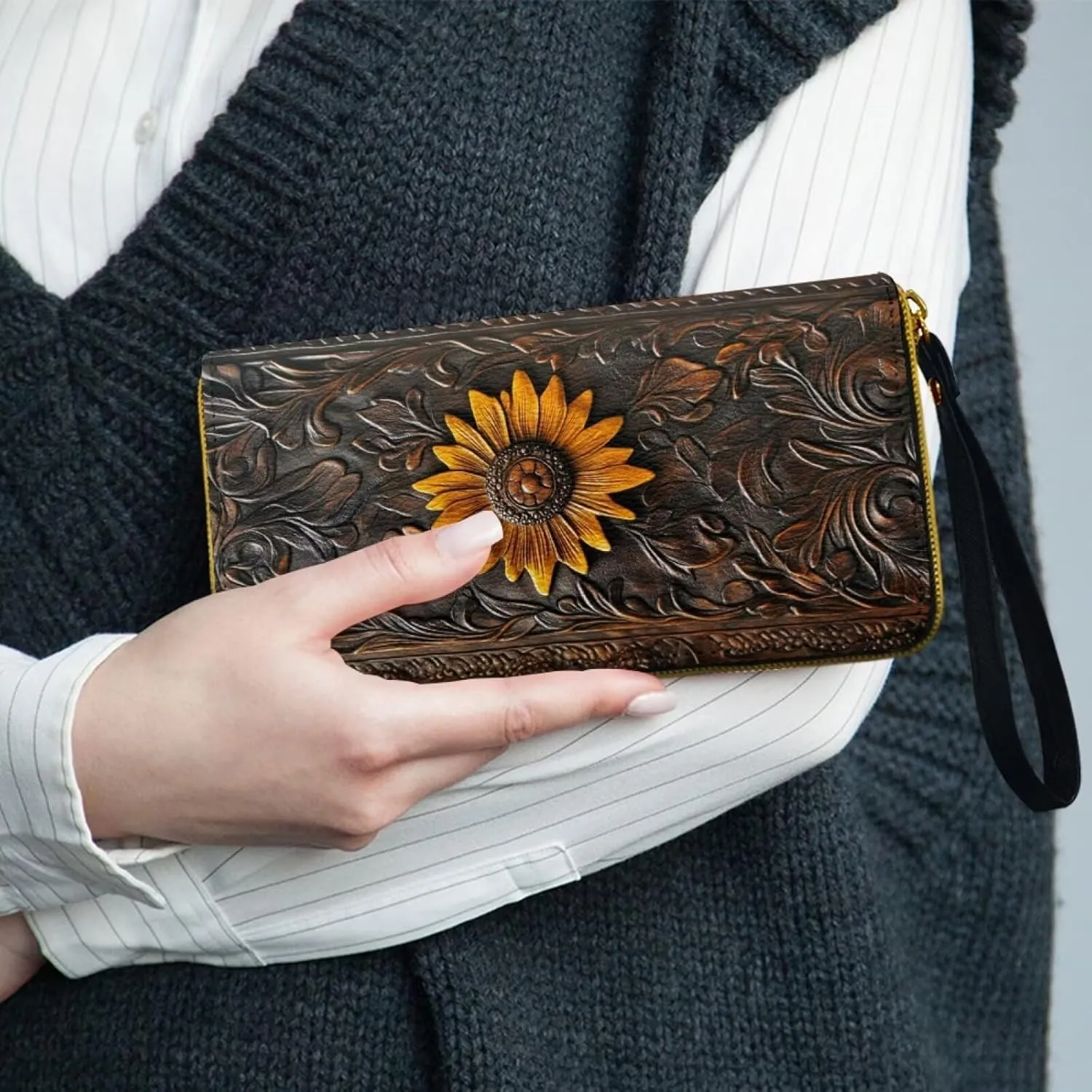 Women's Wristlet Wallet Sunflower Print Handbags Clutch Purse Zipper Wallet for Women Lady, Casual Leather Handbag Bifold Purse Long Clutch Pouch for Work Shopping, Bronze