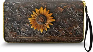 Women's Wristlet Wallet Sunflower Print Handbags Clutch Purse Zipper Wallet for Women Lady, Casual Leather Handbag Bifold Purse Long Clutch Pouch for Work Shopping, Bronze