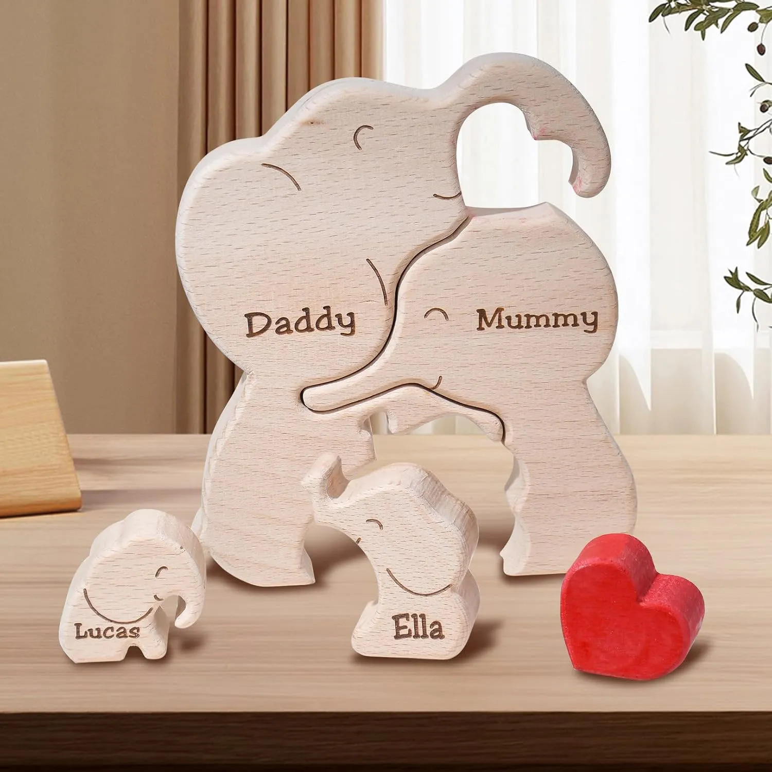 Wooden Mommy Elephant Family Puzzle, Personalized Wood Elephant Puzzle with 2-6 Family Name, Customizable Wooden Puzzles for Home Decor Gifts for Mother Dad