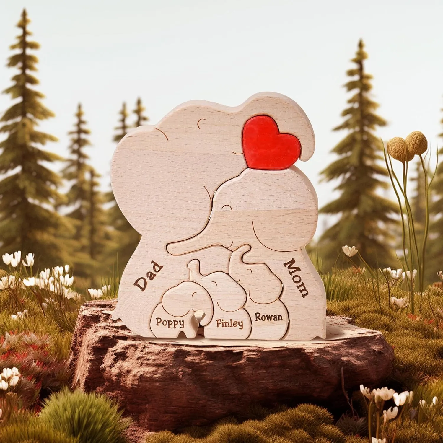 Wooden Mommy Elephant Family Puzzle, Personalized Wood Elephant Puzzle with 2-6 Family Name, Customizable Wooden Puzzles for Home Decor Gifts for Mother Dad