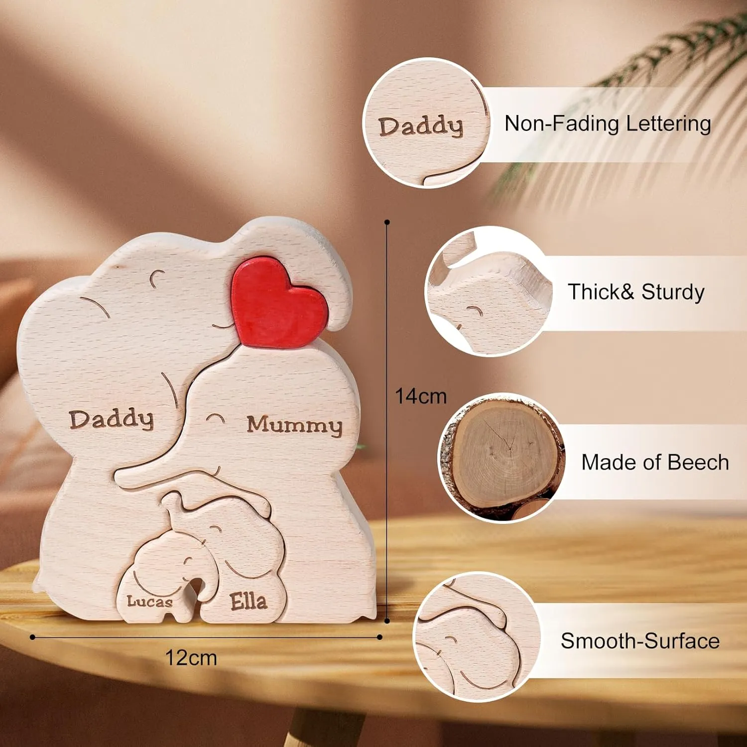 Wooden Mommy Elephant Family Puzzle, Personalized Wood Elephant Puzzle with 2-6 Family Name, Customizable Wooden Puzzles for Home Decor Gifts for Mother Dad