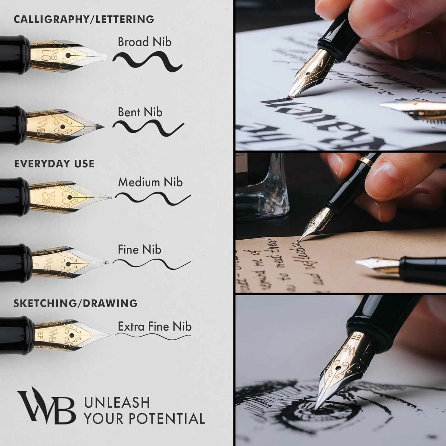 Wordsworth & Black Extra Fine Nib Fountain Pen Set Includes 24 Ink Cartridges and Piston Converter, Gift Box, Journal, Calligraphy, Gold Black