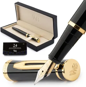 Wordsworth & Black Extra Fine Nib Fountain Pen Set Includes 24 Ink Cartridges and Piston Converter, Gift Box, Journal, Calligraphy, Gold Black