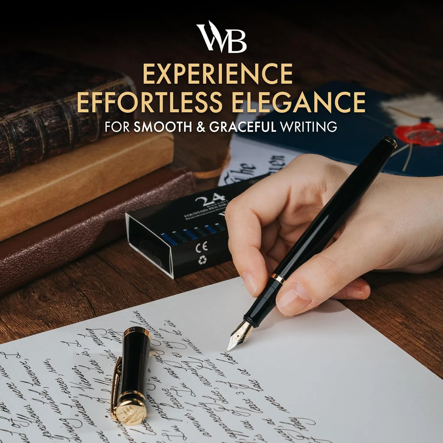 Wordsworth & Black Extra Fine Nib Fountain Pen Set Includes 24 Ink Cartridges and Piston Converter, Gift Box, Journal, Calligraphy, Gold Black
