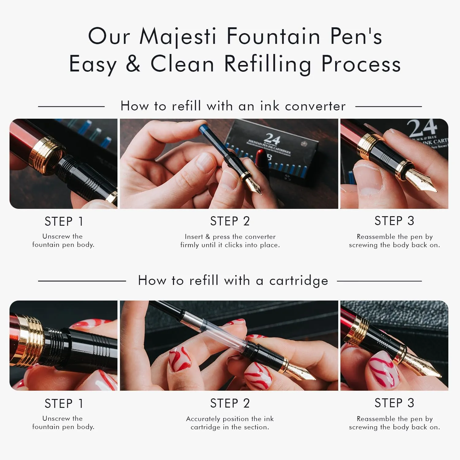 Wordsworth & Black Majesti Fountain Pen-(Black), Luxury Case, Gold Finish; 18K Gilded Medium Nib- Ink Cartridges, Refillable Ink Converter-Calligraphy Pen-Best Business Gift Set for Men & Women