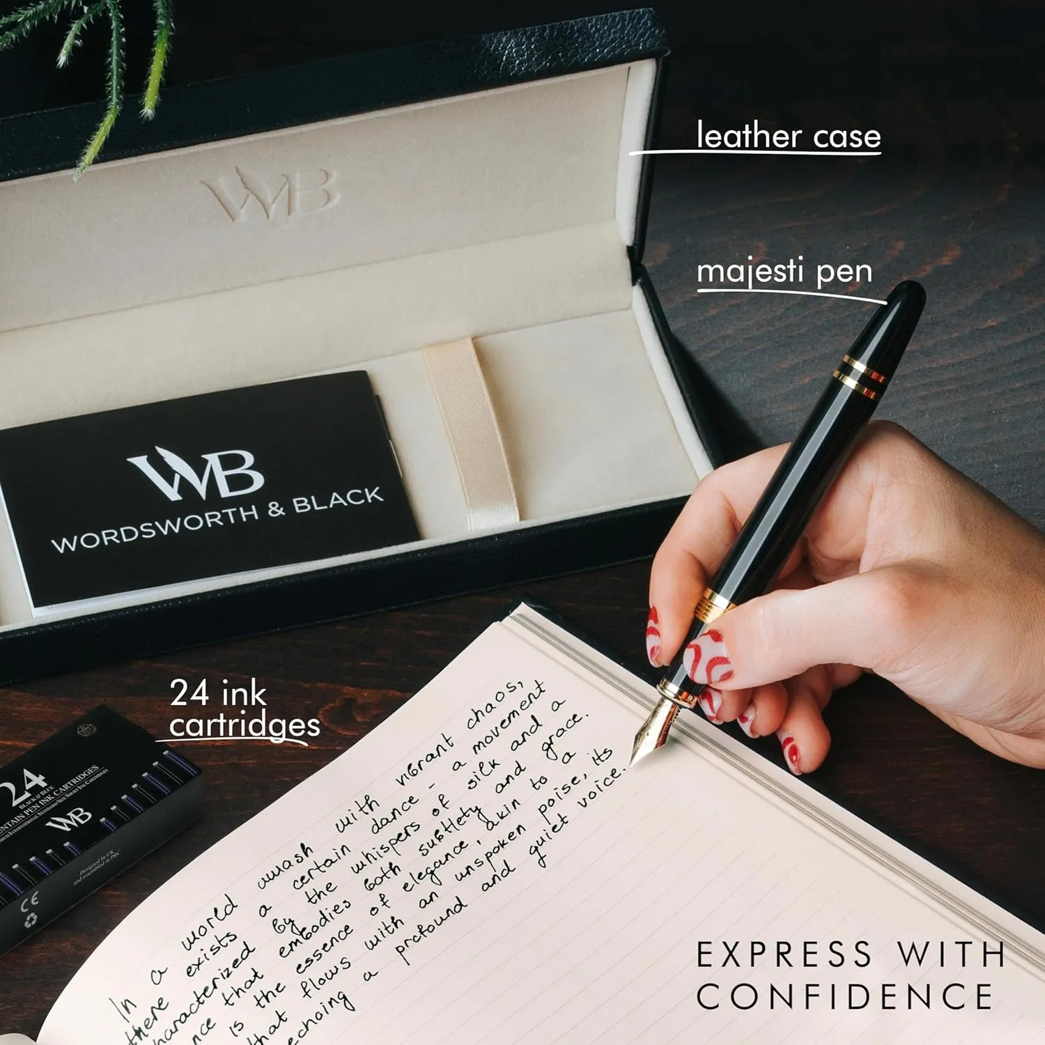 Wordsworth & Black Majesti Fountain Pen-(Black), Luxury Case, Gold Finish; 18K Gilded Medium Nib- Ink Cartridges, Refillable Ink Converter-Calligraphy Pen-Best Business Gift Set for Men & Women