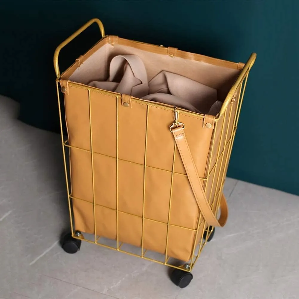 Wrought Iron Hamper Nordic Wheel Storage Basket with Lid Bathroom Balcony Storage Barrel Lined Waterproof