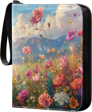xigua Colorful Herbal Wildflower Card Binder 4-Pockets, Trading Card Binder 400 Pockets Baseball Card Binder Waterproof PU Leather Card Collection Binder for Games Card Album Card