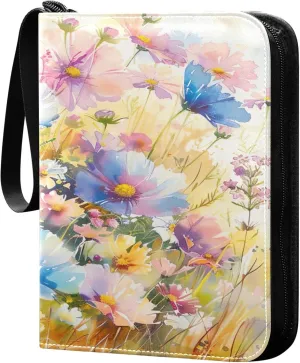 xigua Colorful Herbal Wildflower Card Binder 4-Pockets, Trading Card Binder 400 Pockets Baseball Card Binder Waterproof PU Leather Card Collection Binder for Games Card Album Card