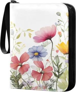 xigua Colorful Herbal Wildflower Card Binder 4-Pockets, Trading Card Binder 400 Pockets Baseball Card Binder Waterproof PU Leather Card Collection Binder for Games Card Album Card