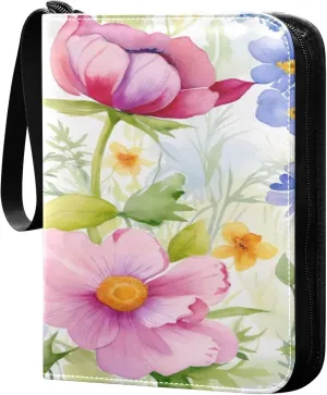 xigua Colorful Herbal Wildflower Card Binder 4-Pockets, Trading Card Binder 400 Pockets Baseball Card Binder Waterproof PU Leather Card Collection Binder for Games Card Album Card