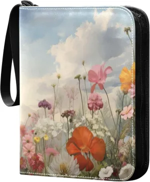 xigua Colorful Herbal Wildflower Card Binder 4-Pockets, Trading Card Binder 400 Pockets Baseball Card Binder Waterproof PU Leather Card Collection Binder for Games Card Album Card