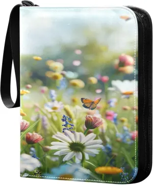 xigua Colorful Herbal Wildflower Card Binder 4-Pockets, Trading Card Binder 400 Pockets Baseball Card Binder Waterproof PU Leather Card Collection Binder for Games Card Album Card