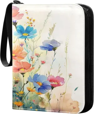 xigua Colorful Herbal Wildflower Card Binder 4-Pockets, Trading Card Binder 400 Pockets Baseball Card Binder Waterproof PU Leather Card Collection Binder for Games Card Album Card