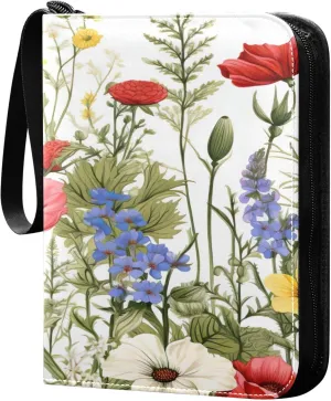 xigua Colorful Herbal Wildflower Card Binder 4-Pockets, Trading Card Binder 400 Pockets Baseball Card Binder Waterproof PU Leather Card Collection Binder for Games Card Album Card