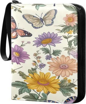 xigua Colorful Herbal Wildflower Card Binder 4-Pockets, Trading Card Binder 400 Pockets Baseball Card Binder Waterproof PU Leather Card Collection Binder for Games Card Album Card