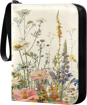 xigua Colorful Herbal Wildflower Card Binder 4-Pockets, Trading Card Binder 400 Pockets Baseball Card Binder Waterproof PU Leather Card Collection Binder for Games Card Album Card