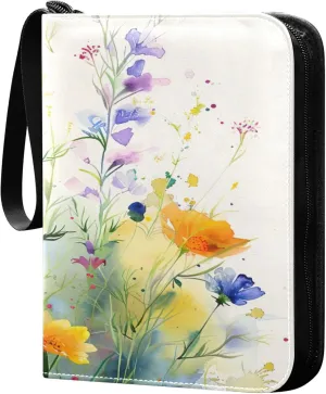 xigua Colorful Herbal Wildflower Card Binder 4-Pockets, Trading Card Binder 400 Pockets Baseball Card Binder Waterproof PU Leather Card Collection Binder for Games Card Album Card