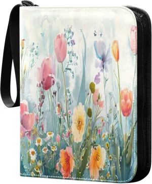xigua Colorful Herbal Wildflower Card Binder 4-Pockets, Trading Card Binder 400 Pockets Baseball Card Binder Waterproof PU Leather Card Collection Binder for Games Card Album Card