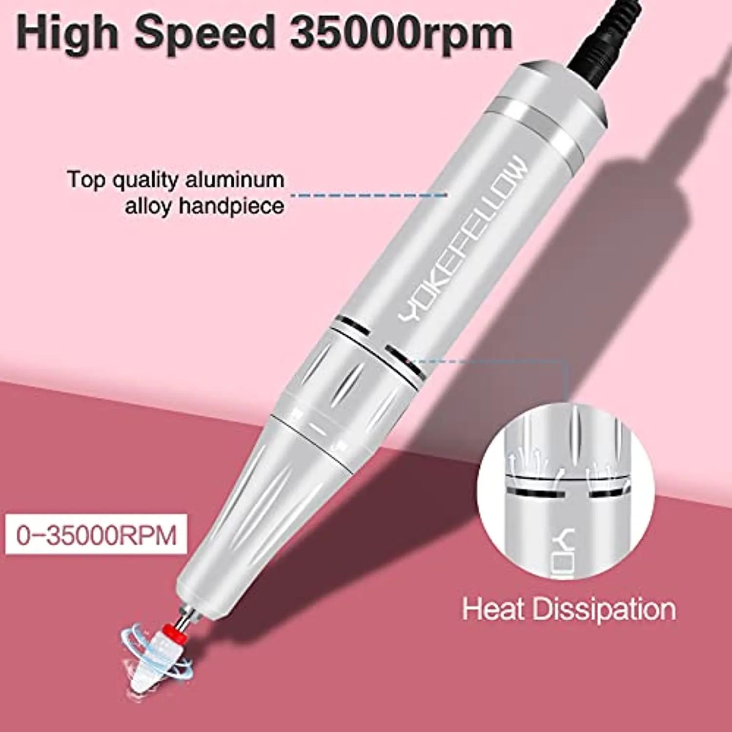 YOKE FELLOW Rechargeable 35000RPM Nail Drill, Portable Nail Drill Machine Electric Nail E File Manicure Drill Set High Speed Nail Tools for Nail Salon, Silver