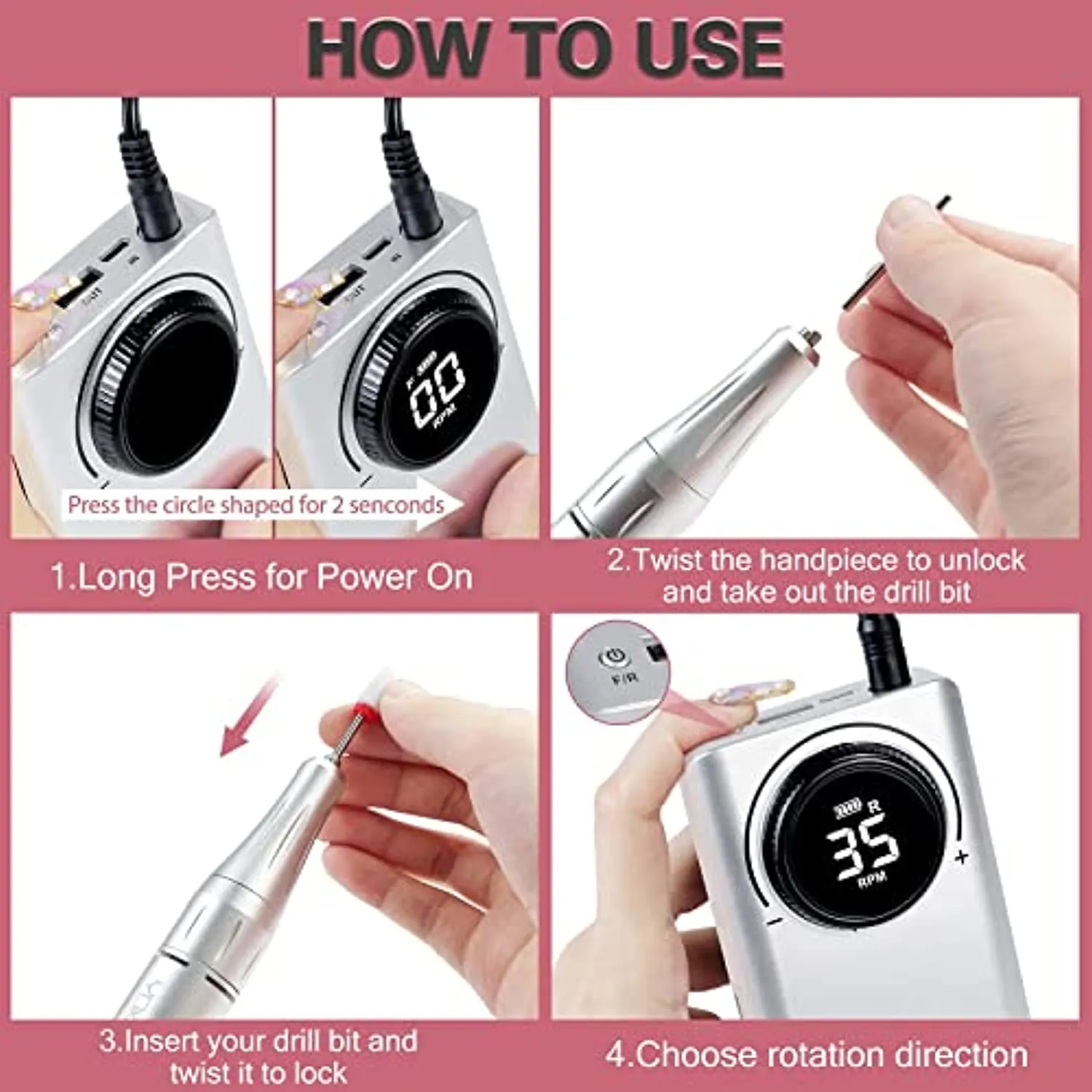 YOKE FELLOW Rechargeable 35000RPM Nail Drill, Portable Nail Drill Machine Electric Nail E File Manicure Drill Set High Speed Nail Tools for Nail Salon, Silver