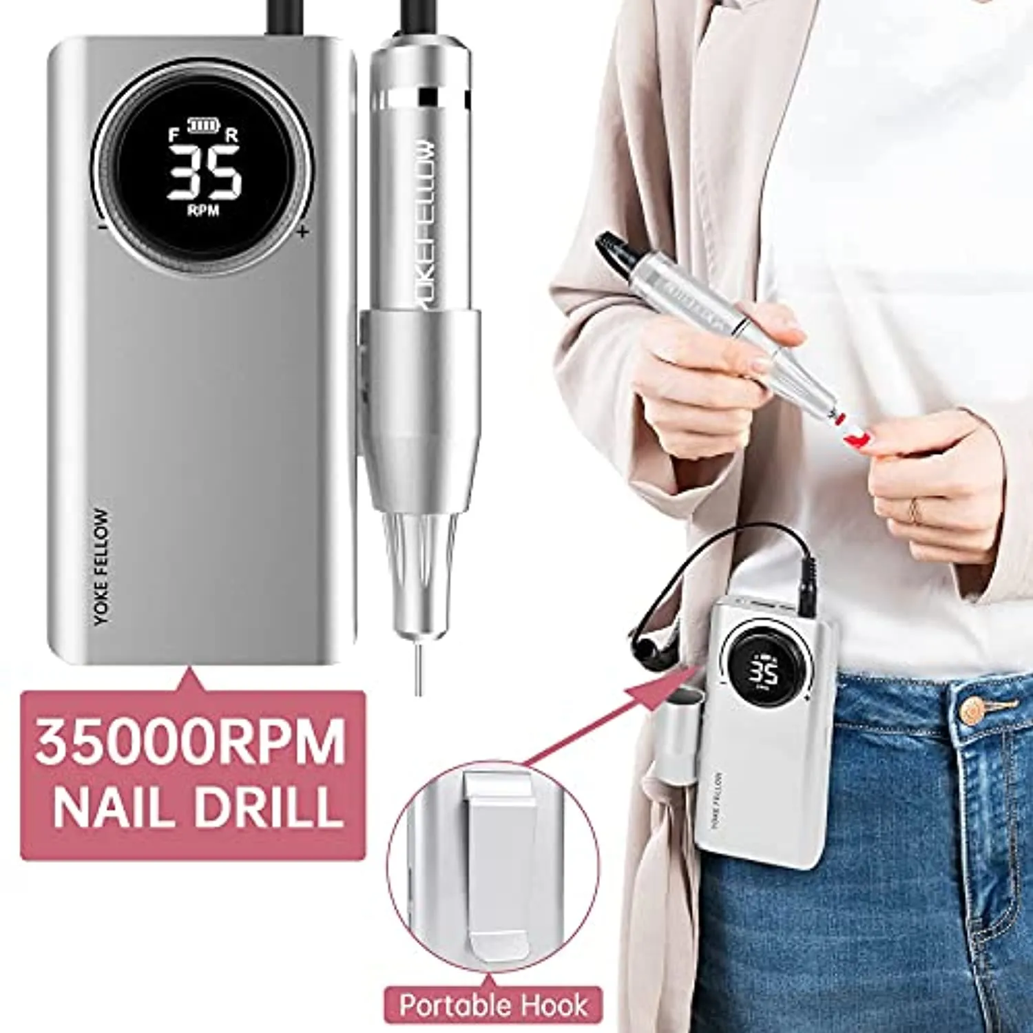 YOKE FELLOW Rechargeable 35000RPM Nail Drill, Portable Nail Drill Machine Electric Nail E File Manicure Drill Set High Speed Nail Tools for Nail Salon, Silver