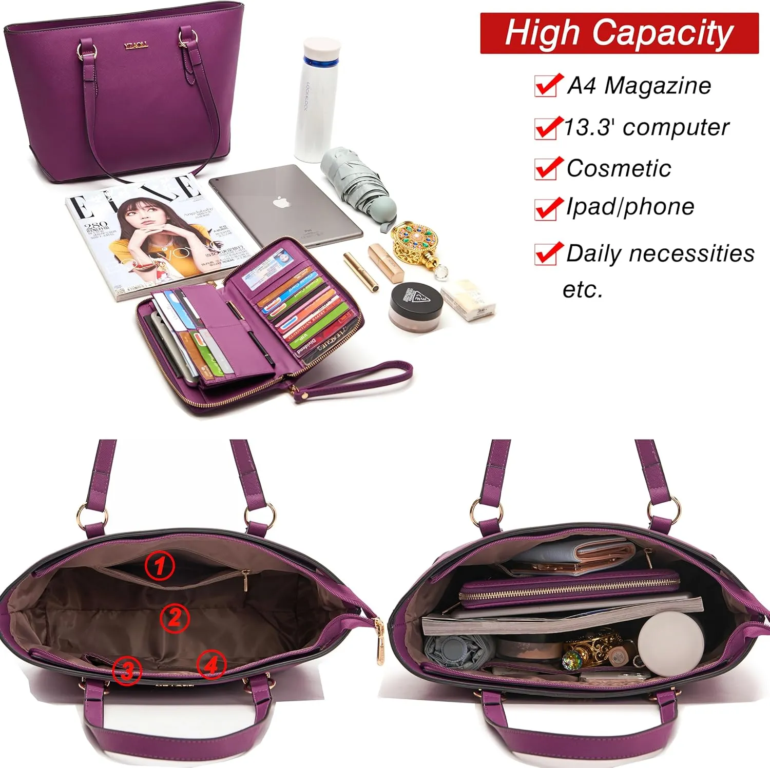 YZAOLL Purses for Women Faux Leather Medium Large Tote Satchel Shoulder Purse Handbag Wallet set