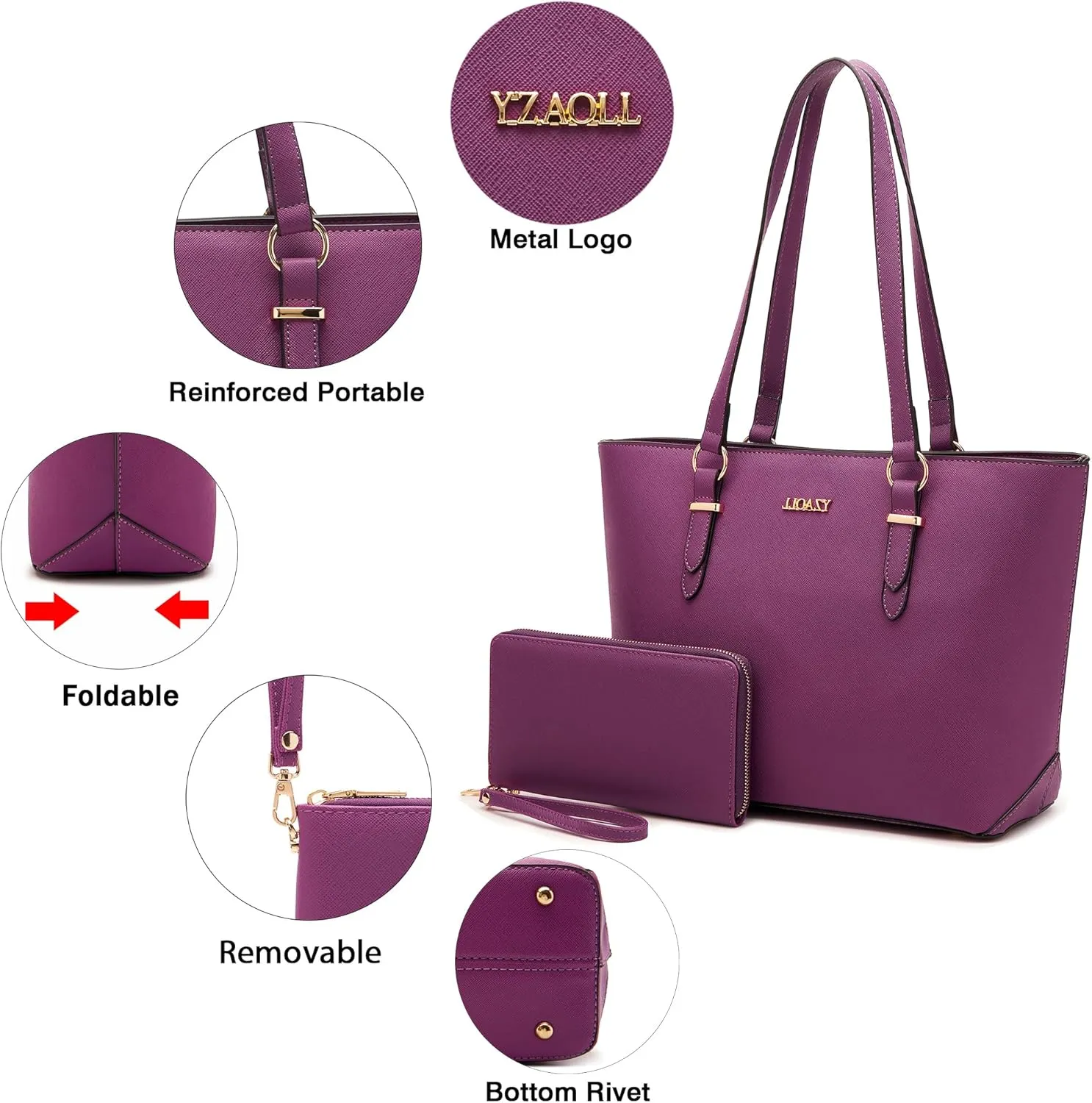 YZAOLL Purses for Women Faux Leather Medium Large Tote Satchel Shoulder Purse Handbag Wallet set
